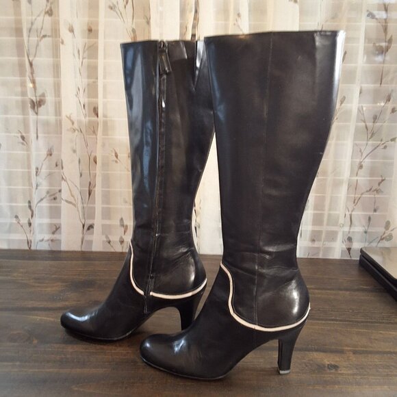 Antonio Melani Black/Cream Leather Knee-High Boots Sz 7 1/2 M - Picture 6 of 7